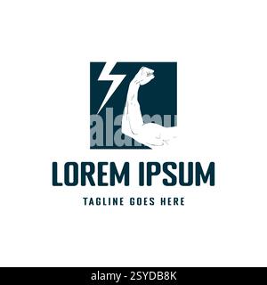 Starke muskulöse Hand Bicep mit Thunderbolt elektrischem Licht für Gym Fitness Sport Logo Design Vektor Stock Vektor