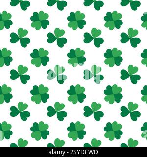 Shamrocks und Quatrefoil Clover hinterlässt nahtlose Muster für den St Patrick Day minimalistischen monochromen Fond. Isolierte Vektorverpackungen, Hintergrundbilder, thematische Karten oder Web-Promo-Broschüren, Banner, Druckmaterialien Stock Vektor