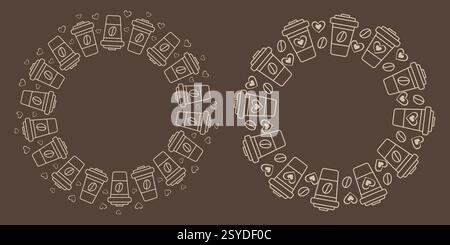Einwegbecher mit Kaffeebohnen und Herzen Kreisrahmen Helles auf dunkelbraunes Kopierraum-Template. Isolierte Vektor-Illustration Thematische Karten, Poster, Poster oder Web-Werbebanner, Broschüren, Etiketten Stock Vektor