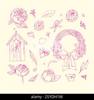 Osterblumen Blätter und Vogelhaus Stock Vektor