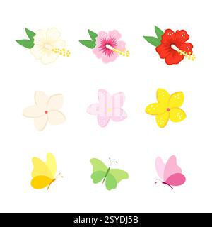 Sommer farbenfrohe bunte Set exotischer Blumen und farbenfrohe Schmetterlinge. Vektorabbildung Stock Vektor