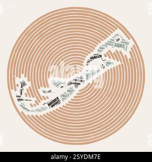 Poster „Bermuda Round“. Typographische Darstellung des Landes. Regionen Wort Wolken von Bermuda. Vintage-Design mit Kratzstruktur. Stock Vektor