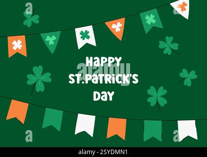 Grußkarte zum Happy St. Patricks Day, Vektor-Illustration. Niedliche bunte Elemente, Schamrock, dekorative Fahnenbanner in irischen Farben Grün, Orange und Stock Vektor
