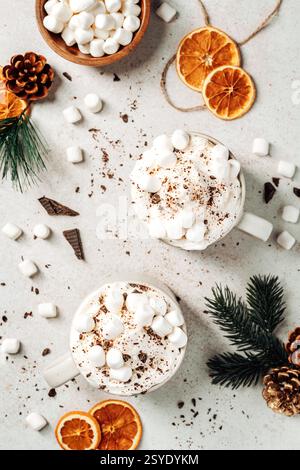 Zwei Tassen heißer Schokolade mit Marshmallows, Schokoladenspänen und festlichen Winterelementen, darunter getrocknete Orangenscheiben und Tannenzweige. Stockfoto