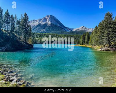 Ein malerischer türkisfarbener See spiegelt den dichten immergrünen Wald und die zerklüfteten Berge wider. Der klare blaue Himmel unterstreicht die natürliche Schönheit dieses A Stockfoto