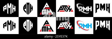 PMH-Letter-Logo im 6-Stil. PMH Polygon, Kreis, Dreieck, Sechskant, flach und einfach mit schwarz-weißem Buchstaben-Logo in verschiedenen Farben Stock Vektor