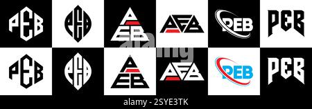 „PEA Letter“-Logodesign im 6-Stil. ERBSENPOLYGON, Kreis, Dreieck, Sechseck, flacher und einfacher Stil mit schwarz-weißem Schriftzug Stock Vektor