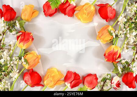 Weihnachtskarte mit Blumendesign und Sommergrußkonzept. Abstrakte florale Komposition mit schönen Frühlingsblüten-Tulpen und Kirschblüten-Zweigen auf Ele Stockfoto