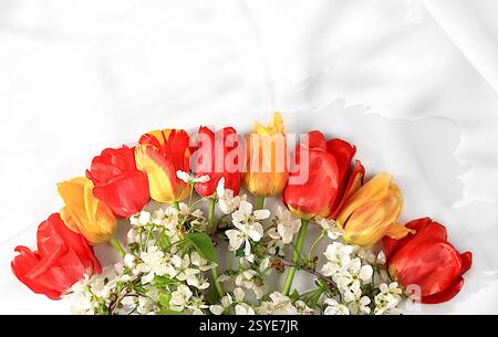 Abstraktes Blumenarrangement mit schönen Frühlingsblüten-Tulpen und Kirschblüten-Zweigen auf elegantem sonnigem Hintergrund. Stillleben mit Platz für t Stockfoto