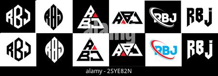 Design mit RBJ-Letter und Logo im Six-Stil. RBJ-Polygon, Kreis, Dreieck, Sechseck, flach und schlicht mit schwarz-weißem Schriftzug Stock Vektor