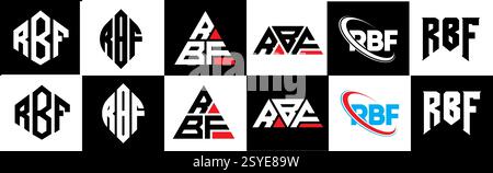 Design mit RBF-Letter und Logo im Six-Stil. RBF-Polygon, Kreis, Dreieck, Sechseck, flach und schlicht mit schwarz-weißem Schriftzug Stock Vektor