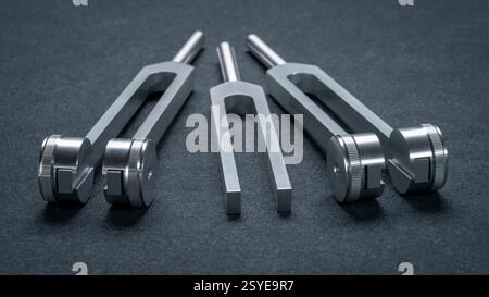 Satz gewichteter und ungewichteter Stimmgabeln aus Metall, die zum Abstimmen von Musikinstrumenten, zur Klangtherapie, zur Chakra-Heilung oder Entspannung verwendet werden. Stockfoto