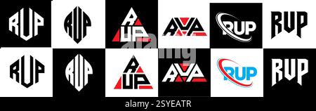 Logo mit RUP-Letter im Six-Stil. RUP Polygon, Kreis, Dreieck, Sechseck, flach und schlicht mit schwarz-weißem Schriftzug Stock Vektor