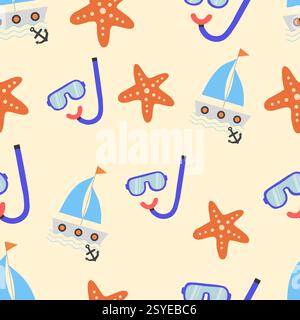 Farbenfrohes Meeresmuster im Sommer mit Boot, Unterwassermaske und Seesternen. Vektorabbildung Stock Vektor