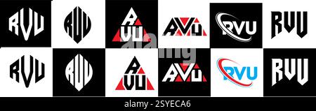 RVU-Letter-Logo im 6-Stil. RVU-Polygon, Kreis, Dreieck, Sechskant, flach und schlicht mit schwarz-weißem Schriftzug Stock Vektor