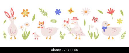 Eine Reihe flacher Illustrationen von Gänsen, Enten mit Blumen und Osterferiensymbolen. Gänseblümchen, Herzen, niedliche Charaktere und Hasenohren Stock Vektor