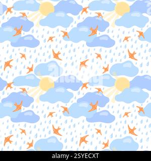 Nahtloses Vektor-Muster mit Wolken, Regentropfen, der Sonne und den ersten Vögeln. Niedlicher Hintergrund im skandinavischen Stil. Kinder Tapeten, Textilien, Kleidung, Scrapbooking Stock Vektor