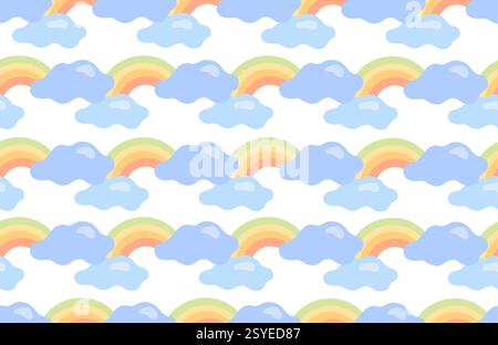 Nahtlose Zeichnung von Regenbogen und Wolken in Pastellfarben. Niedliche Kindergrafiken. Vektorzeichnung. Niedliche Textur für Kindertagetapeten, Bucheinbände, Drucke auf Kleidung. Stock Vektor