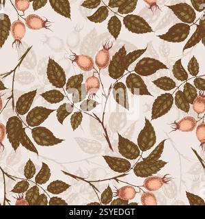 Wilde Rosenblüten Zeichnung und Zeichnung mit Pointillismus. Vintage-Muster von Zweigen mit Hagebuttenfrüchten und Blättern. Stock Vektor