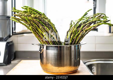Bündel wilden grünen Spargel, die in einem Edelstahltopf auf einer Arbeitsplatte einweichen. Stockfoto