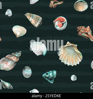 Nahtloses Muschelmuster auf dunkelblauem Hintergrund. Handgezeichnete Aquarelle Sea Shells zum Einpacken von Papier oder Textilien im nautischen Stil. Unter Wasser Stockfoto