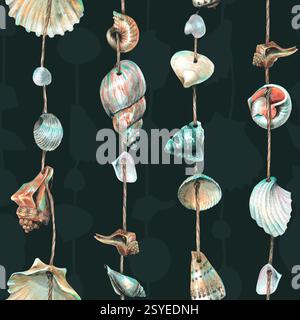Verschiedene Muscheln sind rund, spiralförmig, an Seilen aufgehängt. Marine Girlanden zur Dekoration. Handgezeichnete Aquarellillustration. Nahtloses Muster auf einem Stockfoto