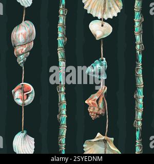 Muscheln hängen an türkisfarbenen Holzstäben. Handgezeichnete Aquarellillustration. Nahtloses Muster auf dunkelblauem Hintergrund Stockfoto