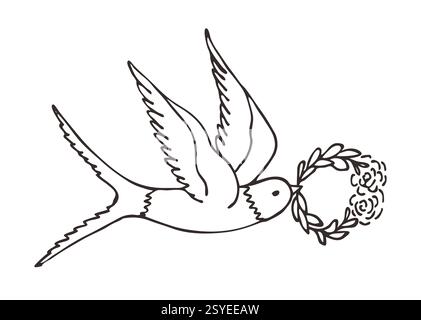 Eine Vektor-Illustration, die den ersten Frühlingsvogel zeigt, eine Schwalbe, die im Flug einen Blumenkranz trägt. Es ist ein Symbol des Frühlings, eines neuen Lebens. Handgezeichnet. Logo, Symbol, Postkarte. Stock Vektor
