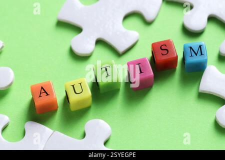 Wort Autismus gemacht mit bunten Würfeln und Puzzleteilen auf grünem Hintergrund, Nahaufnahme Stockfoto