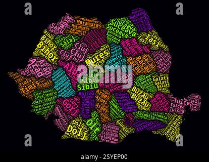 Rumänien Word Cloud. Regionale Namen des Landes in rumänischer Sprache. Helles Neondesign auf dunklem Hintergrund. Stock Vektor