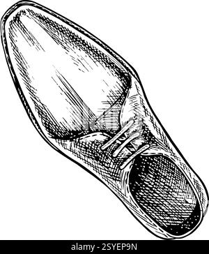 Herrenschuhe. Eine handgezeichnete Vektorgrafik-Illustration. Schwarzweißes Bild von Schuhen. Vom Hintergrund trennen. Blick von oben. Perfekt für den Post Stock Vektor