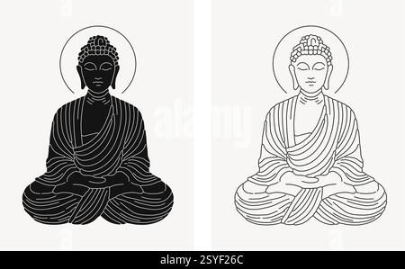 Buddha-Silhouette-Illustration, Element. Buddha Purnima, Vesak Day Konzept Design mit Buddha sitzt in Lotus Illustration, abstrakter Hintergrund Stock Vektor