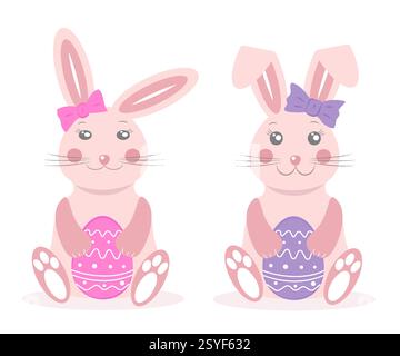 Hasen mit bunten ostereiern, die die Freude am Feiertag in einer fröhlichen Vektor-Illustration feiern Stock Vektor