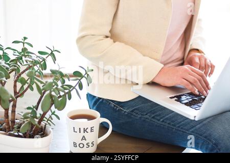 Frau, die auf dem Schreibtisch sitzt und einen Laptop benutzt Stockfoto