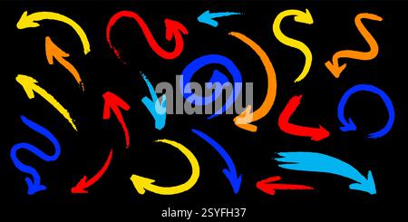 Sammlung verschiedener Pfeile, die von Hand mit Bürsten gezeichnet wurden. Richtungsschilder für Webpakete oder andere Zwecke. Viele Formen und Stock Vektor