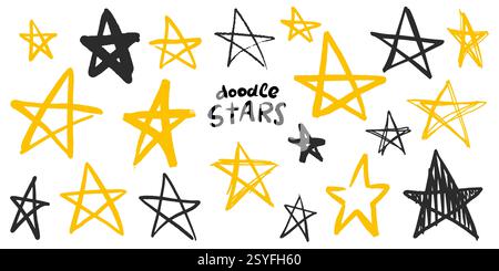 Set aus vielen verschiedenen Kritzelsternen. Sammlung von Pinselstrichen und handgezeichneten Elementen für Weihnachtszeitung oder Feierlichkeiten. Pinsel gezeichnete Skizze und Stock Vektor