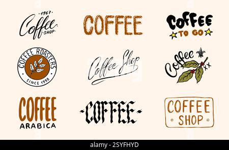 Kaffeeabzeichen oder Embleme für Ihr Geschäft oder Paket. Um arabica-Kaffee zu trinken. Einfache Designs, die in Ihrem Unternehmen eingesetzt werden können. Gotisch und traditionell Stock Vektor