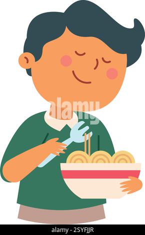 Das Kind isst Nudeln in einer Schüssel Stock Vektor