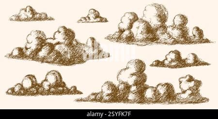 Handgezeichnete Wolken im skizzenhaften Stil in Schwarzweiß. Graviert groß und klein in verschiedenen Formen für Kissen oder Textilerzeugnisse. Vintage traditionell Stock Vektor
