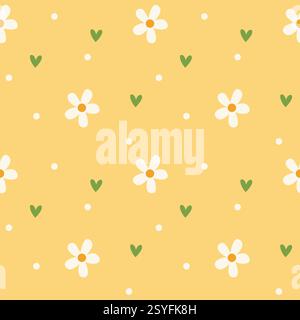 Niedliches Blumenmuster. Handgezeichnetes nahtloses Muster mit niedlichen Blumen und Herzen. Stock Vektor