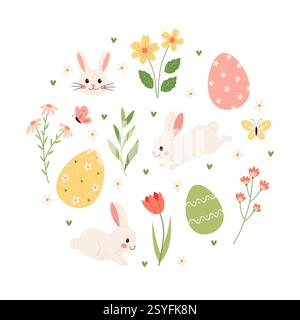 Frühlings- und Osterkollektion mit niedlichen Häschen, Blumen und Dekorationen. Handgezeichnetes Vektorset für Posterkarte Stock Vektor