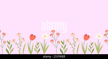 Hand gezeichnete horizontale nahtlose Grenze mit süßen Frühlingswildblumen. Nahtloser Hintergrund mit Blumenmuster für Karten, soziale Medien, Poster und andere Designs Stock Vektor