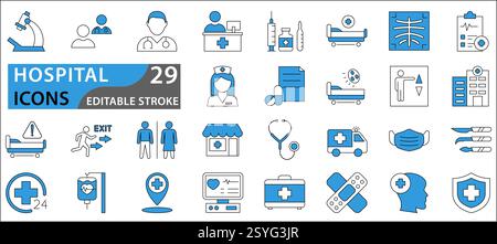 Krankenhaussymbole. Symbol für Krankenhaus und Medizin festlegen. Symbolgruppe Krankenhaus. Vektorabbildung. Stock Vektor