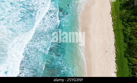 Türkisfarbene Wellen schlagen an einem weißen Sandstrand, umgeben von grünem Laub. Anse Petit Boileau. Seychellen, Mahe. Stockfoto