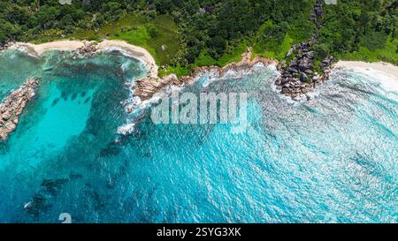 Blick von oben auf klares türkisfarbenes Wasser, auf einen felsigen Strand und üppigen grünen Wald. Seychellen, La Digue. Stockfoto