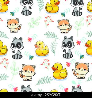 Nahtloses Muster mit verspielten Katzen, Waschbären, Gummienten und floralen Akzenten im Cartoon-Stil. Stockfoto