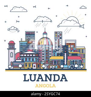 Umreißen Sie die Skyline der Stadt Luanda Angola mit farbigen modernen und historischen Gebäuden, die auf weiß isoliert sind. Vektorabbildung. Luanda Stadtbild mit Wahrzeichen. Stock Vektor