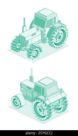 Isometrischer Traktor isoliert auf weißem Hintergrund. Vektorabbildung. Gliederungsobjekt. Großer schwerer, moderner landwirtschaftlicher Traktor für die Feldarbeit. Stock Vektor