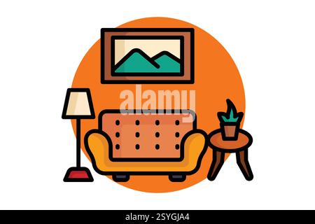Symbol „Innenraum“. Symbolstil für farbige Umrisse. Symbol für Möbel. Vektorillustration für Möbelelemente Stock Vektor