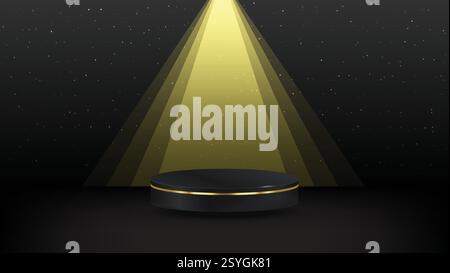 Abstraktes realistisches Podium mit schwarzem 3D-Zylinder und gelbem schrägem dunklem Hintergrund. Luxuriöse schwarze Szene für die Produktanzeige Stock Vektor